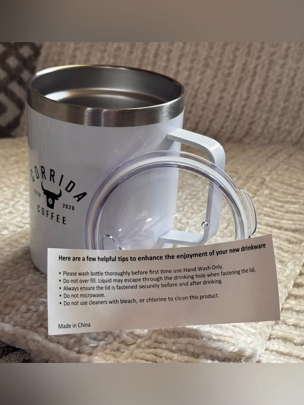 White Insulated Travel Mug with Handle